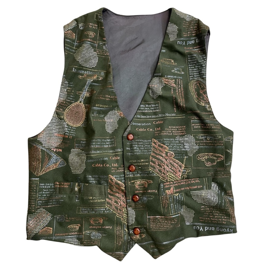 Young Boy Vintage Green Newsie Printed Felt Lined Button Up Vest